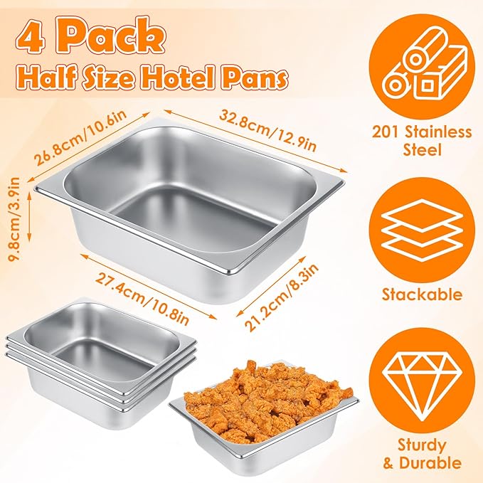 QTLCOHD 4 Pack 1/2 Half Size Hotel Pan with Lids 4 Inch Deep Steam Table Pan with Lid 12.8 x 10.4 Inch Stainless Steel Pans for Home Party Hotel Buffet
