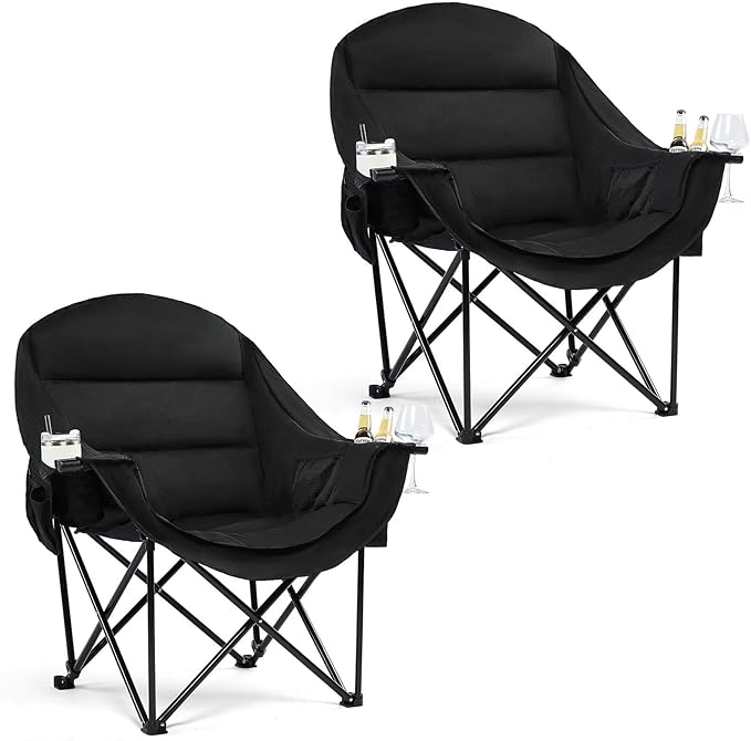 Oversized Camping Chair for Adults - Heavy Duty Outdoor Padded Large Lawn Camp Chair with Cup Holder Cooler Pockets for Sports Beach Fishing Garden Portable Supports 500lbs AllBlack 2 Pack