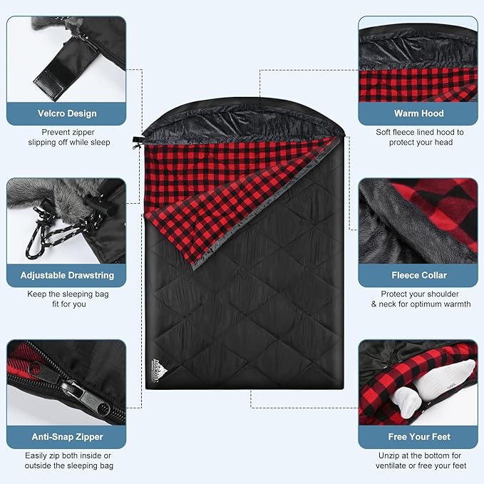 AGEMORE Cotton Flannel Double Sleeping Bag with Fleece Lined Hood Waterproof Queen Size 2 Person Sleeping Bag for Adults Cold Weather Camping Backpacking or Hiking 3-4season