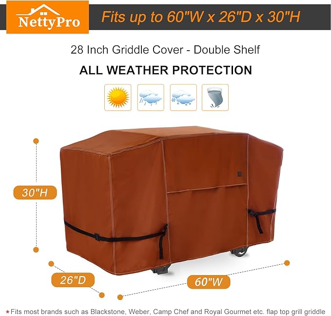 NettyPro Griddle Cover for Blackstone 28 inch Griddle Waterproof Heavy Duty 2 Burner Flat Top Gas Grill Cover 28 Cooking Station Camping Brown