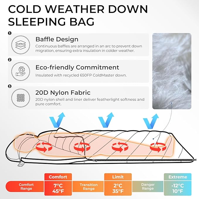 ATEPA 3-in-1 Hybrid Down Sleeping Bag for Adults Lightweight 3 Season Wearable Backpacking Sleeping Bag with Pad Attachment &amp Compact Compression Sack for Spring Summer Fall Car Camping 30°F 45°F