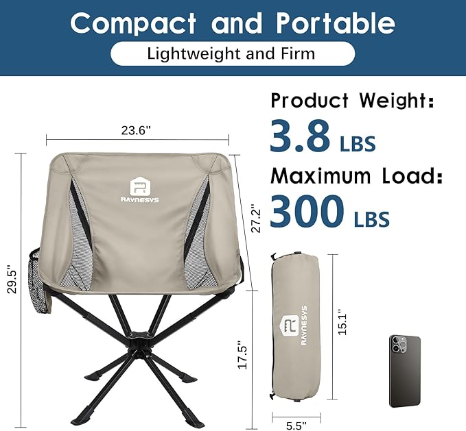 Portable Camping Chair 2 Pack 8 Seconds Quick Setup Folding Camping Chair Flexible 360° Rotation 3.8Lb Lightweight Travel Chairs for Easy Carry to Hiking Sporting Beach Khaki