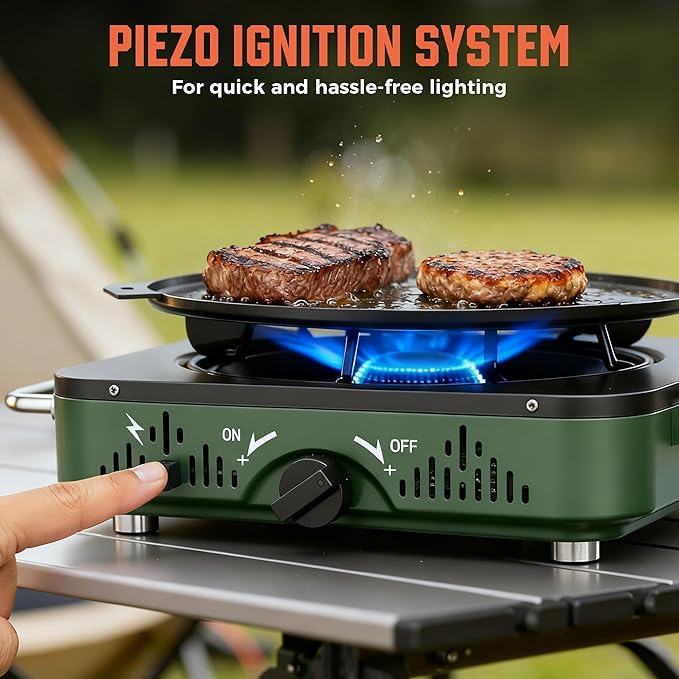 BIG HORN OUTDOORS 2 Burner Propane Camping Stove Portable Camp Stove Folding Gas Stove Includes Frying Pan &amp Carry Bag for Camping Emergency Use and Outdoor Cooking