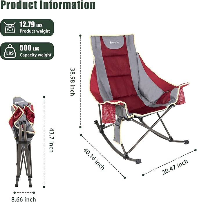 SUNNYFEEL Heated Rocking Camping Chair Fully Padded Patio Folding Chair Portable Oversized Outdoor Rocker High Back Lawn Recliner with Side Pocket Camp Rocker Chairs for Adults Heavy Duty 500 LBS Red