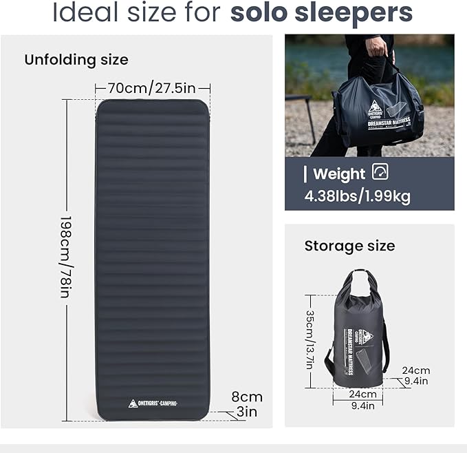ONETIGRIS Dreamstar Single Air Mattress Self-Inflating Sleeping Pad Foam for Camping Backpacking Car Trips Travels Air Bed with Patch-up Kit