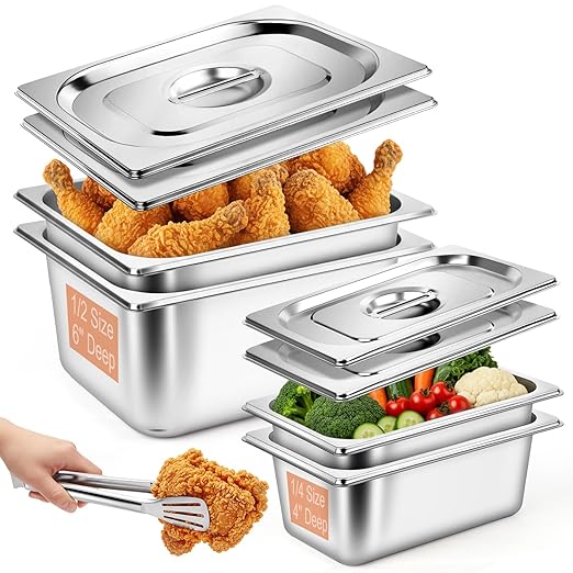 4 Set Hotel Pans with Lids 2 × 1/2 Size 6'' Deep &amp 2 × 1/4 Size 4'' Deep Steam Table Pans with Lid &amp Clip Anti-Jam Stainless Steel Metal Hotel Pans for Home Party Hotel Buffet Catering Food