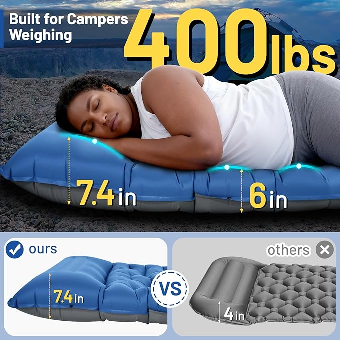 Camping Sleeping Pad Extra Thick 6 Inch Camping Mat with Pillow Built-in Foot Pump Ultralight Inflatable Sleeping Pads Compact for Hiking Backpacking Camping Traveling Tent Portable Sleeping Mat