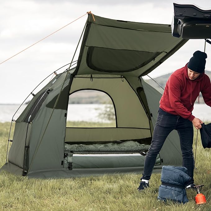 Tangkula 5-in-1 Tent Cot Combo With Awning Air Mattress Sleeping Bag Pillow Elevated Single Tent With Carrying Bag for Outdoor Camping Hiking Picnic Travel