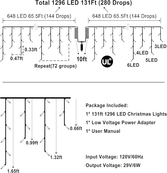 1296 LED 131FT Christmas Lights 288 Drops Outdoor Hanging lights with 8 Modes &amp Timer Plug in Curtain String Light Outdoor Waterproof for House Tree Holiday Wedding Party Outside Decor (Cool Whi