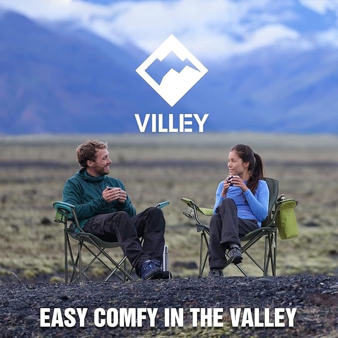 VILLEY Camping Chair Oversized Folding Camp Chair Portable Outdoor Chairs Support 400 LBS with Padded Seats Cooler Bag Cup Holder Carry Bag Green