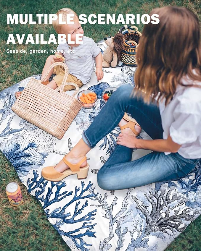 Water Blue Coral Beach Blanket Waterproof Sandproof Summer Marine Life Shell Starfish Beach Mat Quick Drying Outdoor Picnic Mat 118 x 108 for 1-8 Adults Essentials for Travel Camping Hiking