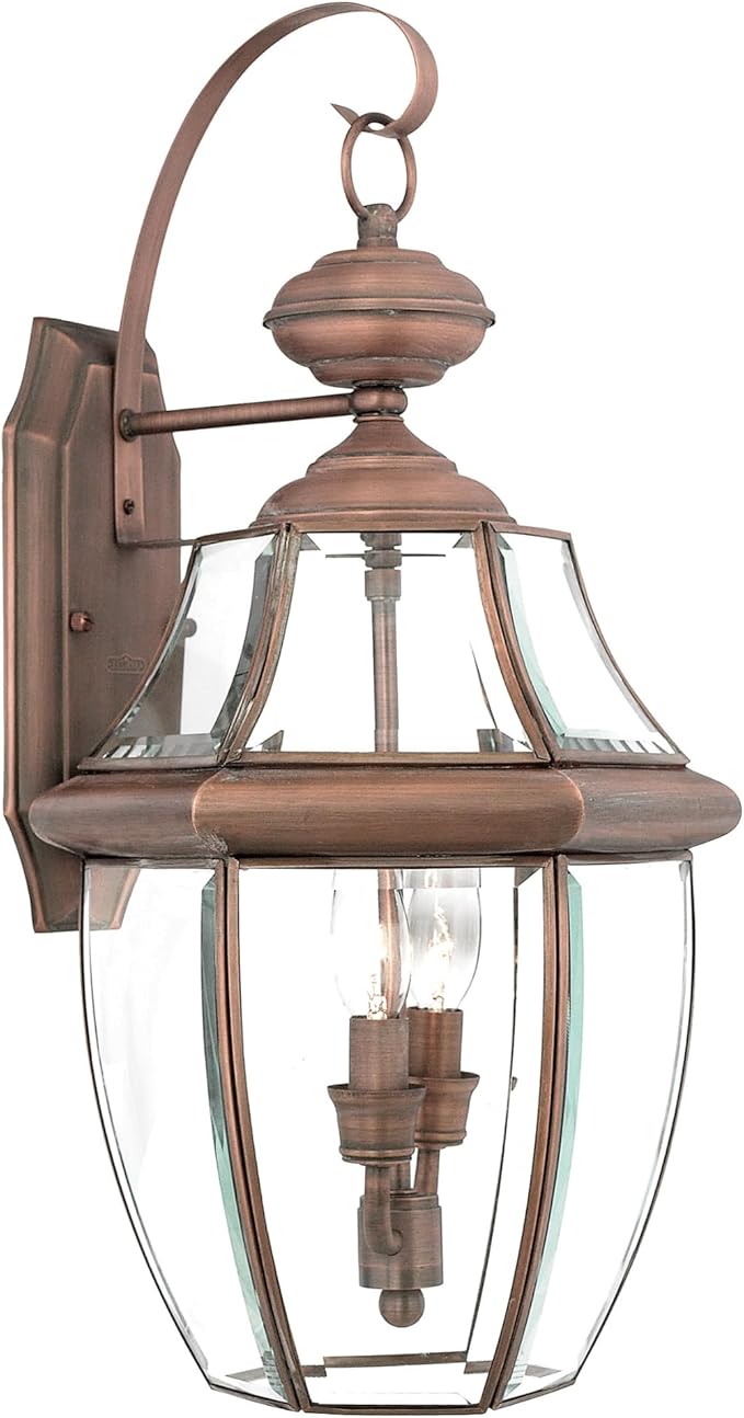 Quoizel Newbury 20 Outdoor Wall Lantern 2-Light Aged Copper with Clear Beveled Glass E12 Base French Country Style