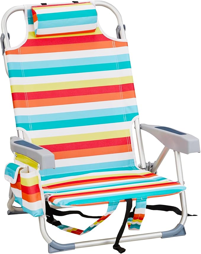 Folding Beach Chair Lightweight Folding Webbed Lawn Beach Chair for Adults with Headrest and Cup HolderLow Beach Chair 5 Position Lay FlatOutdoor ChairCollapsible ChairsRainbow Stripes