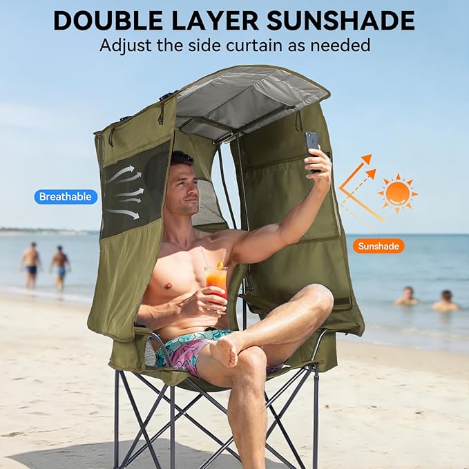 Camping Chair with Canopy Shade - Folding Beach Chair with UPF 50+ Sun Shade Cup Holder Side Pocket Portable Sports Chair for Adults Support 330 LBS Fishing Camp Outdoor Lawn Chair Green