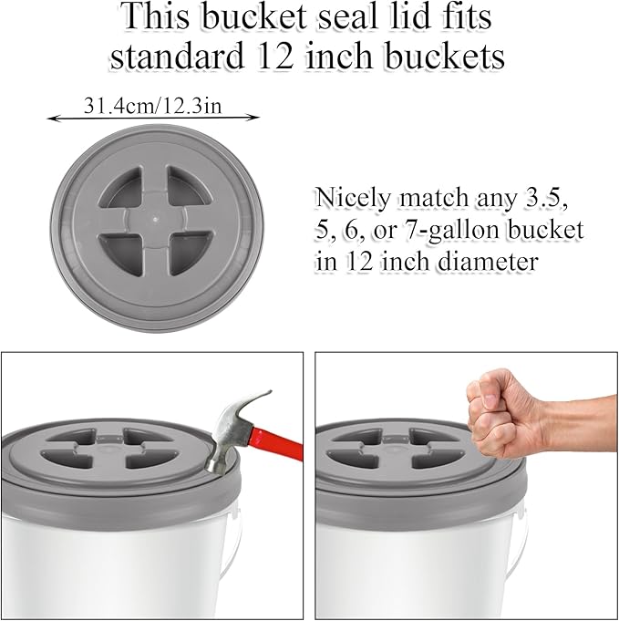 4 Pieces 5 Gallon Leak-Proof Bucket Lid Food Grade Plastic Storage Buckets Screw Seal Lids Screw Pail Lid Pet Food Storage Chicken Feeders Paint Storage Compatible with Gamma (Grey)