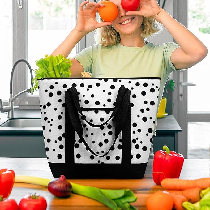 Insulated Shopping BagLarge Reusable Cooler Bags Black And White Polka Dot Printed Foldable Shopping BagTravel Waterproof Shoulder Bag