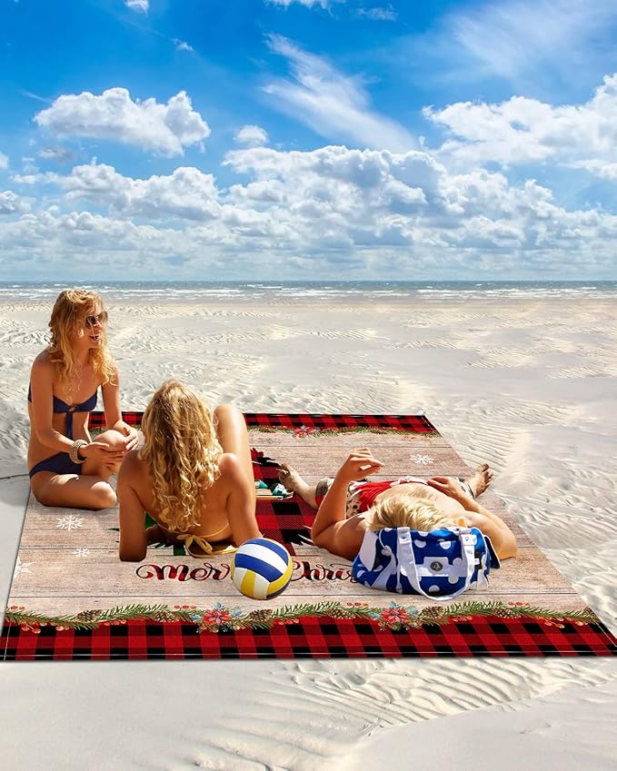 Beach Blanket Waterproof Sandproof OversizedWinter Christmas Buffalo Lattice Tree Beach Mat with Corner Stakes Sand PocketsWooden Grain Outdoor Picnic Mat for Travel Camping Hiking 95x80In