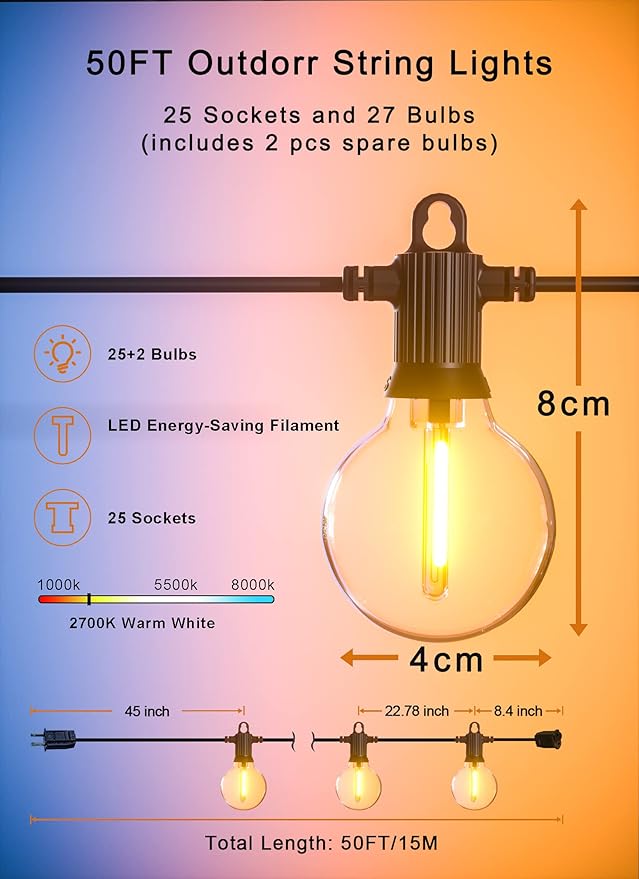 Outdoor String Lights 50FT Patio Lights Outdoor Waterproof with 27 Shatterproof G40 Globe Bulb(2 Spare) Connectable Dimmable LED String Lights for Outside Backyard Porch Balcony Party 2700K