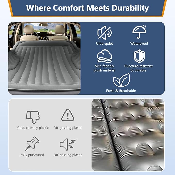 Self-Inflating SUV Air Mattress with Built in Electric Pumpcar air Mattress with Pillow for TrunkPortable car Mattress for Travle and Camping Gray