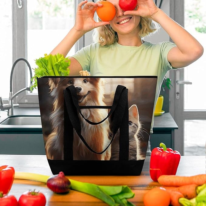 Insulated Shopping BagLarge Reusable Cooler Bags Dogs And Cats Printed Foldable Shopping BagTravel Waterproof Shoulder Bag