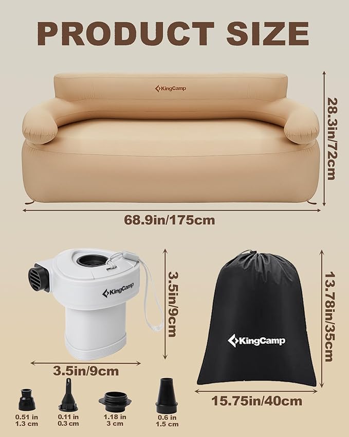 KingCamp Double Camping Inflatable Couch with Electric Air Pump 880LB Heavy Duty Outdoor Loveseat Air Sofa Reinforced Dual-Layer Rip-Resistant 2 Person Inflatable Sofa for Camping Backyard RV
