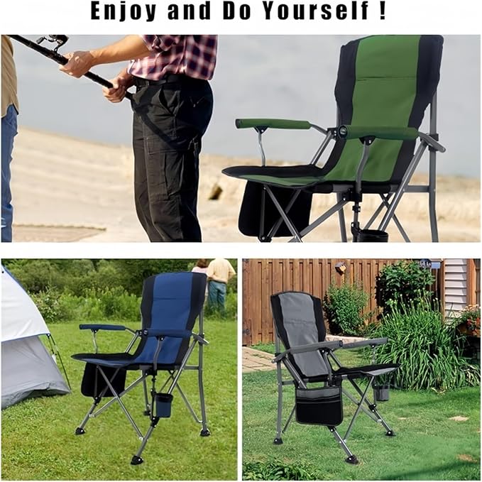 PETRELS Outdoor Folding Chair Outdoor Iarge Fishing Chair Aluminum Folding Camping Chair Portable Large Size High Back Chair with Arm Rest Cup Holder(Green)