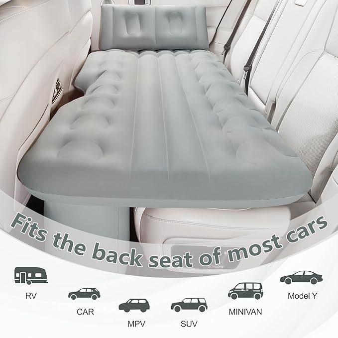 BEBAS Inflatable Car Air Mattress for Back Seat &amp SUV - All-in-One Design with Built-in Pump &amp Pillow Quick 1-Key Inflation/Deflation Comfort Portable Bed for Camping Travel Trucks | Gray