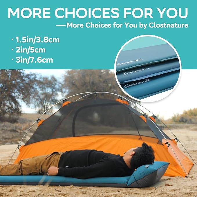 Clostnature Self Inflating Sleeping Pad for Camping - 1.5/2/3 inch Camping Pad Lightweight Inflatable Sleeping Mat for Backpacking Compact Ultralight Foam Air Mattress for Tent Hammock