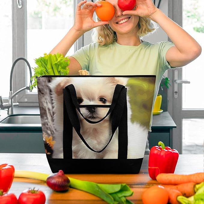Insulated Shopping BagLarge Reusable Cooler Bags Cute Dog Printed Foldable Shopping BagTravel Waterproof Shoulder Bag