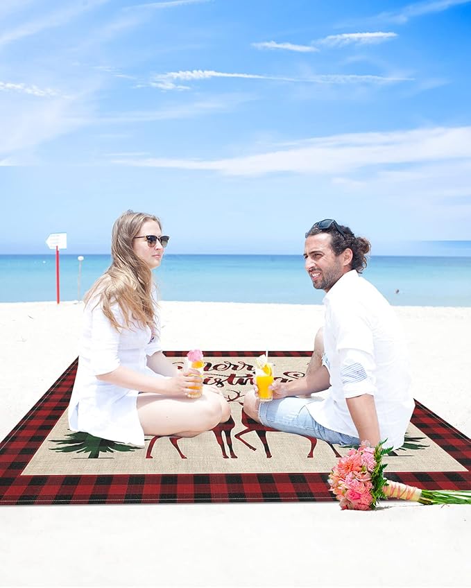 Beach Blanket Waterproof Sandproof Christmas Animal Elk Tree Winter Snowflake Quick Drying Beach Mat with 4 Stakes Red Green Buffalo Grid Shadow Lightweight Picnic Blanket for Travel 95x80