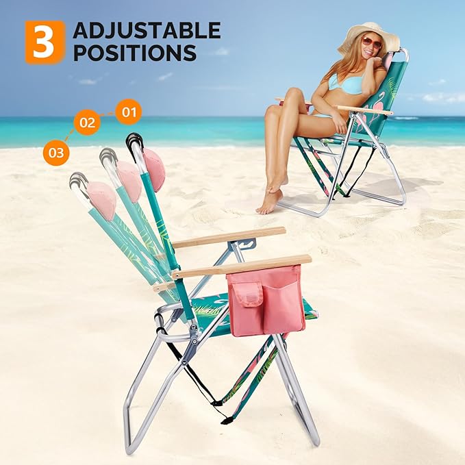 Bonnlo Lightweught 17 Backpack Beach Chair Tall Beach Chairs for Adults Portable with Adjustable Straps 3-Position Reclining Cup Holder High Beach Chairs for Beach