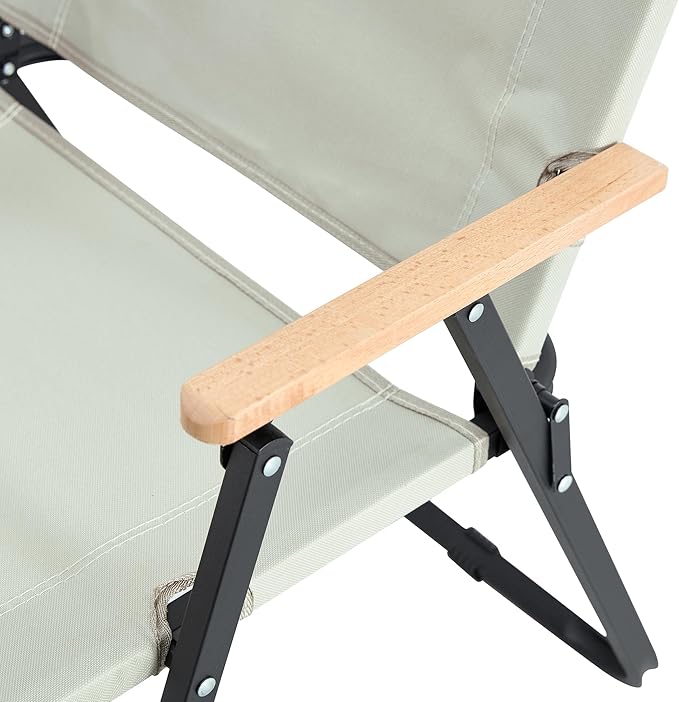 Portable Folding Camping Chairs Indoor Outdoor Use Beige with Wood Armrests Set of 2