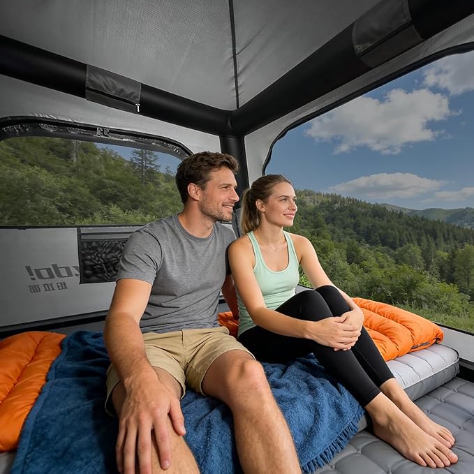 PlayDo Inflatable Rooftop Tent Easy Setup Camping Tent for The Roof of Sedans Pickup Blow Up Roof Top Tents SUV Truck Van Glamping Tent with Porch Strip Light for 2-3 Person