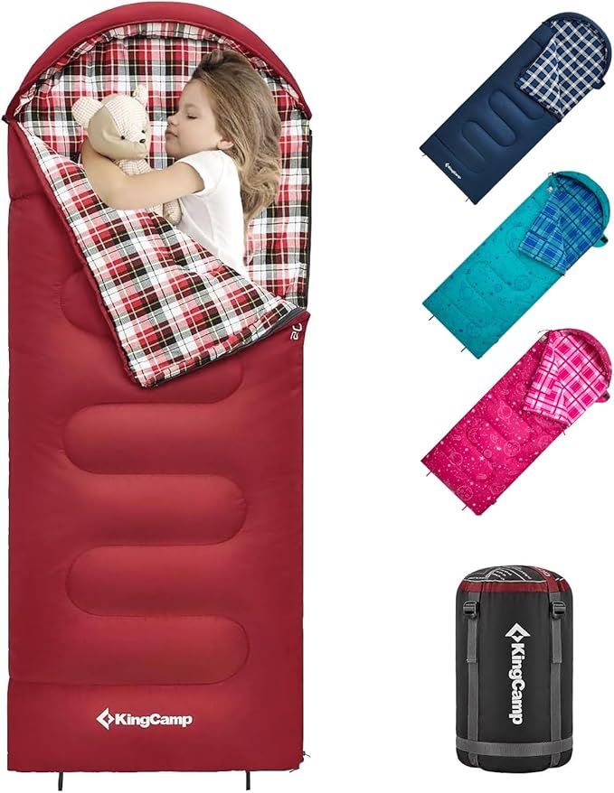 KingCamp 45°F Kids Sleeping Bag Lightweight Waterproof &amp Compact Flannel Sleeping Bags Cold Weather &amp Warm Youth Essentials Gear Accessories for Camping Fits 10-12 Children up to 4'7-5'5 T