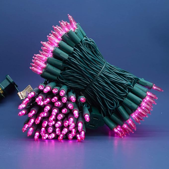 200 Count Pink LED Christmas Lights 66 ft Green Wire UL Certified Commercial Grade Holiday String Light Set (Pink)