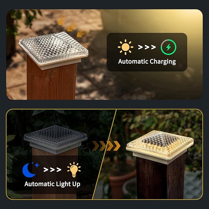 Glass Solar Post Cap Lights with Crystal Style - Decorative Deck Fence Lights for 4x4 5x5 Posts Hidden Solar Panel Modular Design 10Hr Runtime IP65 Warm White White 2 Pack