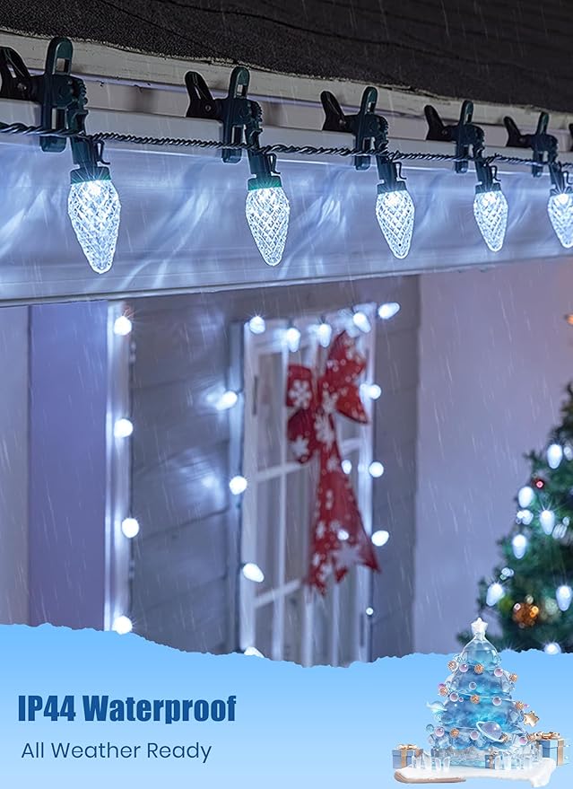 C9 LED Christmas Lights Outdoor 68 Feet 100 LED Strawberry String Lights with 100 Spring Clamps Waterproof Commercial Grade Extendable for Outside Roofline Patio Home Xmas Decoration Pure White