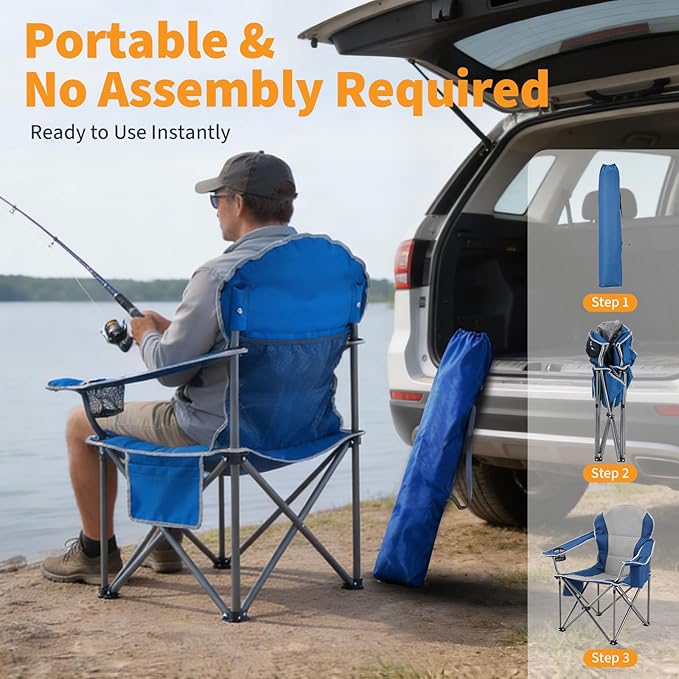 NEWBULIG Oversized Folding Camp Chair for Adults 500 LBS Heavy Duty Support Portable Outdoor Collapsible Chairs with Cup Holders Side Cooler &amp Pockets for Lawn Beach Fishing Hiking Blue