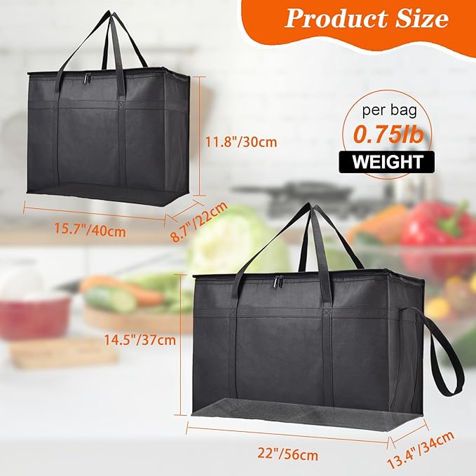 4-Pack Insulated Food Delivery Bags – 2 XXXL &amp 2 XL Reusable Hot &amp Cold Thermal Bags with Removable Base Plates – Catering Pizza Delivery Grocery &amp Travel