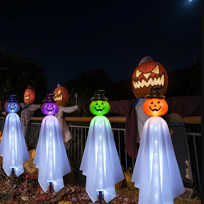Homeleo Set of 4 Solar Pumpkin Ghost Lights for Halloween Decorations Outdoor Light up Floating Scary Ghosts Pumpkins Witch Hat Stake Lights for Porch Yard Outside Pathway Halloween Party Decor