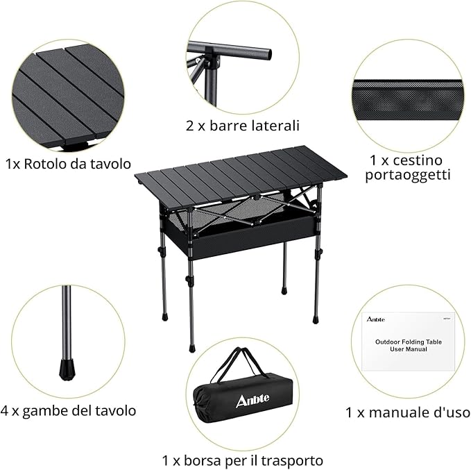 Anbte 3ft Aluminum Roll Top Camping Table Max 27.5 2 Adjustable Height Folding Camping Table Waterproof with Storage Net and Bag for BBQ Picnic Tailgating Backyard RV Travel 32.2” x 16” Pure Black