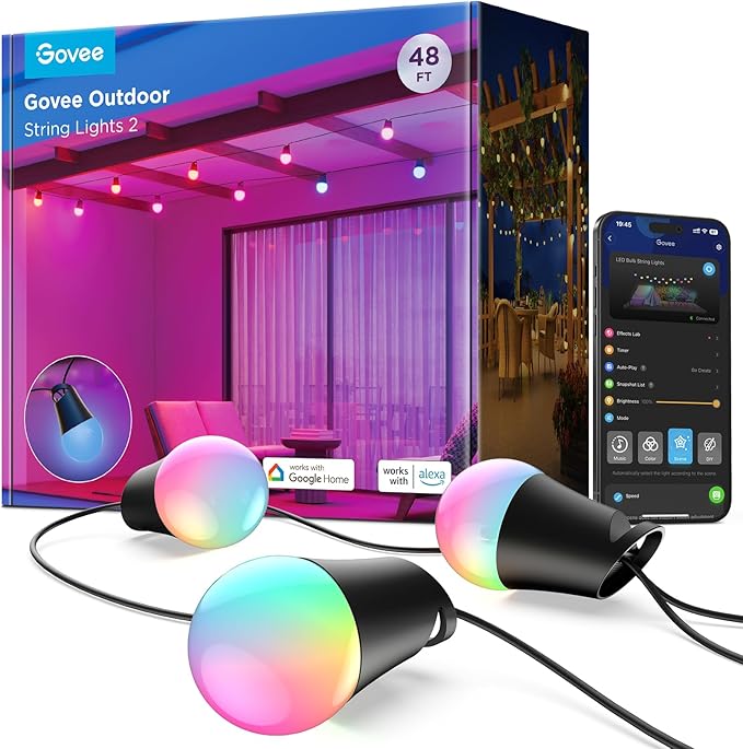 Govee Smart Outdoor String Lights 2 48ft Outdoor Lights with Dimmable Warm White LED Bulbs 47 Scene Modes for Patio Backyard Balcony IP65 Waterproof Works with Alexa App Control