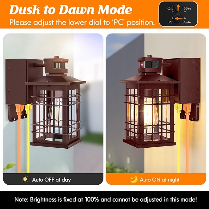 Porch Light with GFCI Outlets Brown Motion Sensor Dusk to Dawn Outdoor Wall Light Fixture Waterproof Outside Wall Lantern Sconce 3 Lighting Modes Exterior Wall Light for Patio Garage Front Door