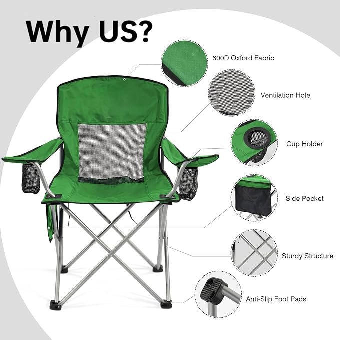 Simple Deluxe Outdoor Foldable Camping Chair Outdoor Camping Chair with Cup Holder and Carrying Bag with 300lbs Capacity and Sturdy Material for Hiking Fishing and Camping Green