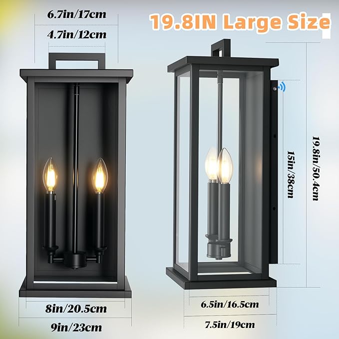 Large Exterior Lighting FixturesDusk to Dawn Black Outdoor Lanterns for Front Porch Modern Outside Wall Lights for HouseGaragePatio with GlassWaterproofE12 Base1 Pack 20 H*9 L*7.5 W