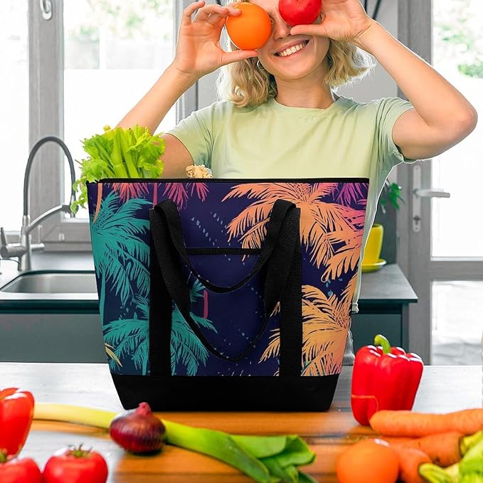 Insulated Shopping BagLarge Reusable Cooler Bags Colorful Palm Trees Printed Foldable Shopping BagTravel Waterproof Shoulder Bag