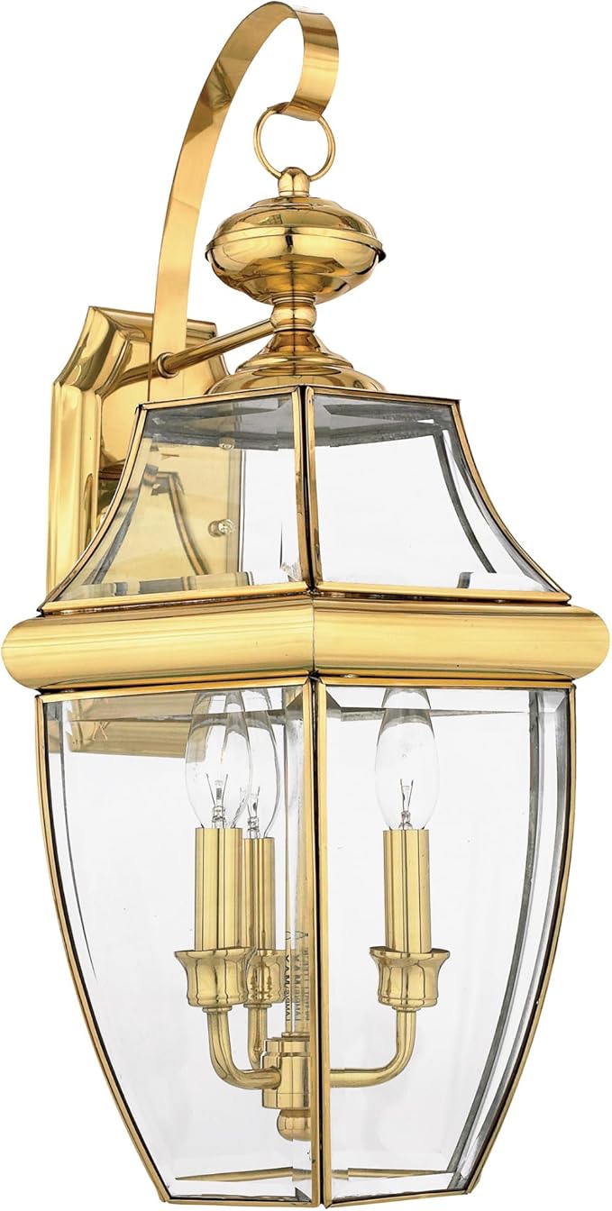 Quoizel Newbury Outdoor Wall Lantern 23 Inch 3-Light Polished Brass Wall Sconce French Country Exterior Wall Lantern Fixture E12 Base Clear Glass Outside Lights for Patio Porch Garage or Yard