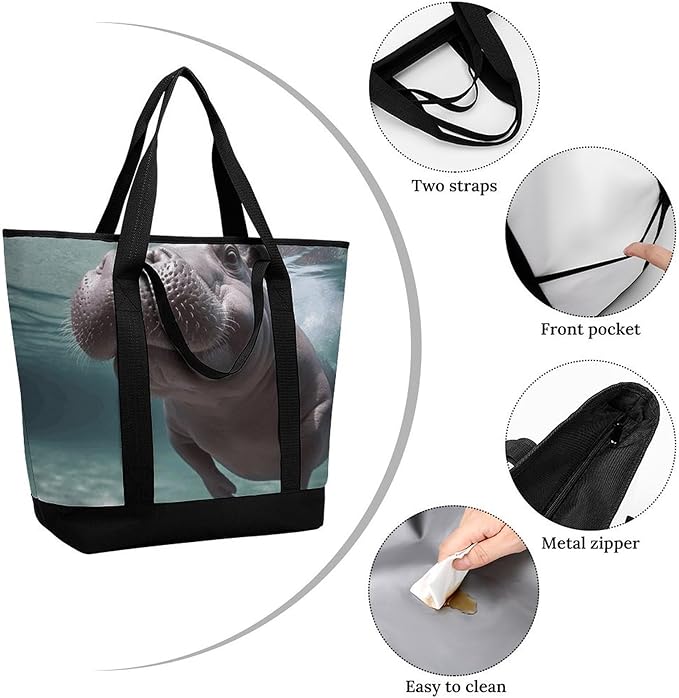 Insulated Shopping BagLarge Reusable Cooler Bags Diving Hippo Printed Foldable Shopping BagTravel Waterproof Shoulder Bag
