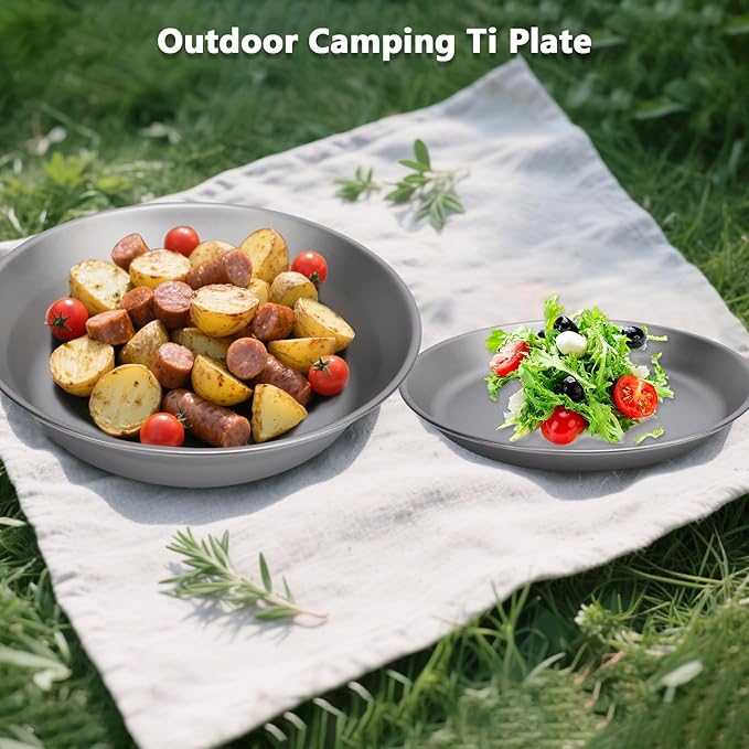 Fockety Pure Ti Camping Plate 2pcs 500ml and 300ml Stackable Ti Dish Cookware with High Hardness Backpacking Ti Plate for Camping Hiking Backpacking Picnic