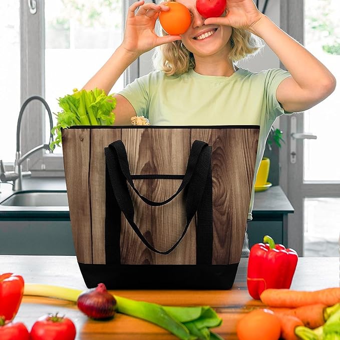 Insulated Shopping BagLarge Reusable Cooler Bags Wood Grain Printed Foldable Shopping BagTravel Waterproof Shoulder Bag